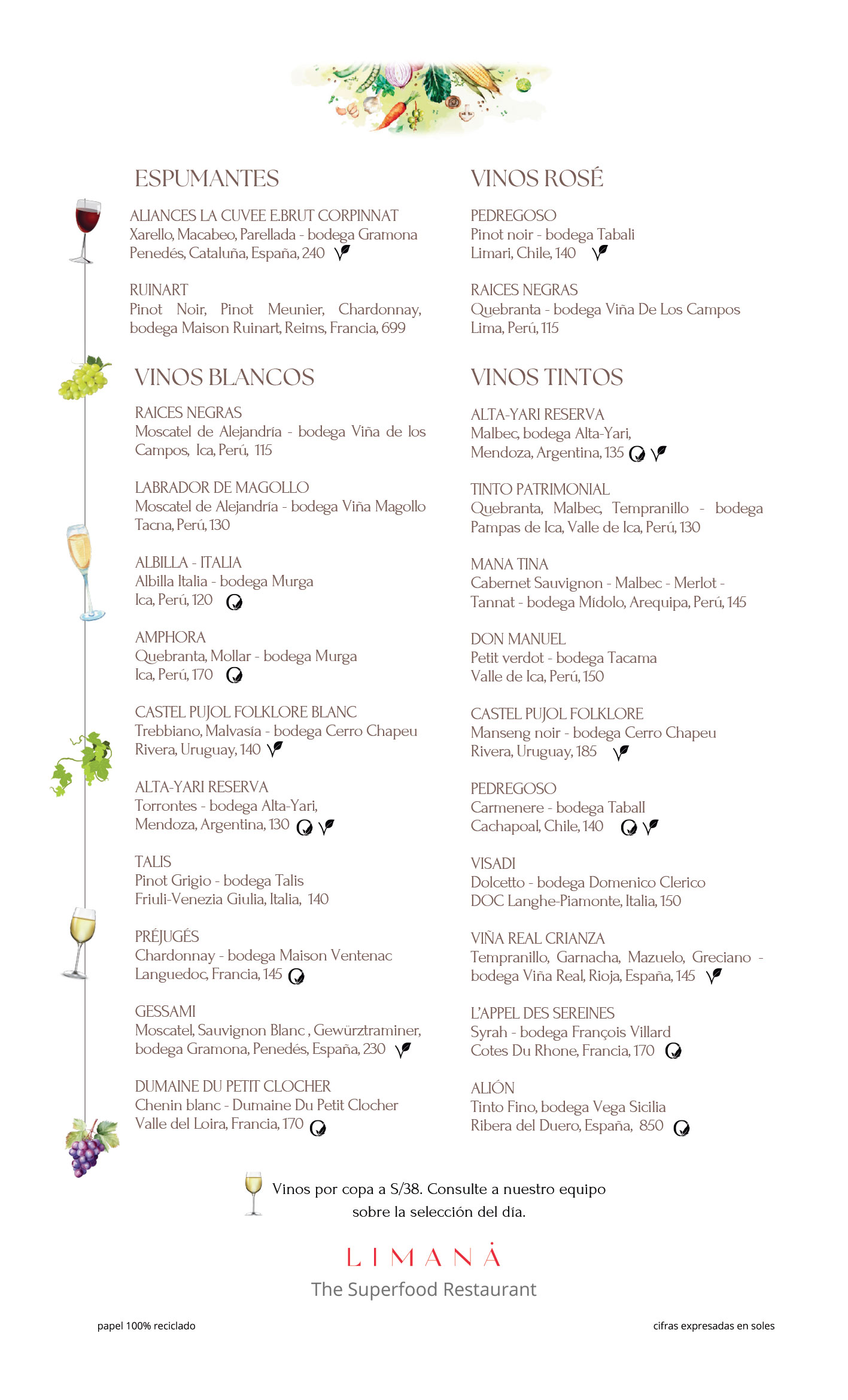 CARTA CÓCTELES, AGUAS Y CERVEZAS CÓCTELES NOLO Kombucha de la Casa A base de infusiones herbales y miel natural de abeja, sabores surtidos, 18 Mil y una Noches Piña, agua de azahar, miel de abeja, 23 Fragola Fresa, tomillo y agua gasificada, 23 Limaná Spritz Bitter, naranja, agua tónica, miel de abeja, 23 ⸻ CÓCTELES LIMANÁ Margarita Parda Destilado de agave, pisco acholado, jarabe de ajo negro, zumo de limón, sal de ajo y togarashi, 48 Rito & Jamaica Destilado de agave ahumado, flor de Jamaica, vino tinto, miel de abeja, 48 Flor Spritz Ron Flor de Caña 12 años, infusionado en granos de café, jarabe de limón negro, agua tónica, 42 Manzana & Ginger Cordial de manzanas negras y ginger ale, 45 ⸻ CÓCTELES DEL HUERTO Piña, Albahaca y Estragón Elixir andino, vermouth blanco, piña, albahaca y estragón, 42 Limaná Sour Pisco italia, albahaca, limón, miel de abeja, huevo, 42 Margarita del Huerto Destilado y miel de agave, limón, lavanda y sal de flores, 42 ⸻ CÓCTELES CLÁSICOS Tinto de Verano Vino tinto, vermouth, agua tónica, 38 Capitán Pisco acholado, vermouth rosso, bitter rojo, 42 Zamboni Pisco quebranta, vermouth rosso, bitter rojo, 38 Amaretto Spritz Licor de almendras, espumante, agua gasificada, naranja, 45 Espresso Martini Vodka, espresso, cordial de café, miel de abeja, 38 Negroni Sbagliato Espumante, vermouth rosso, bitter, 38 ⸻ AGUAS Y CERVEZAS Cervezas artesanales, 22 Aguas tónicas Perkins, 10 Agua Andea, 10 San Pellegrino o Acqua Panna, 18