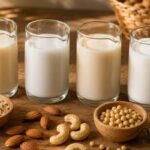 Imágenes de distintos tipos de leches vegetales, así como los granos y frutos desde las que se originan