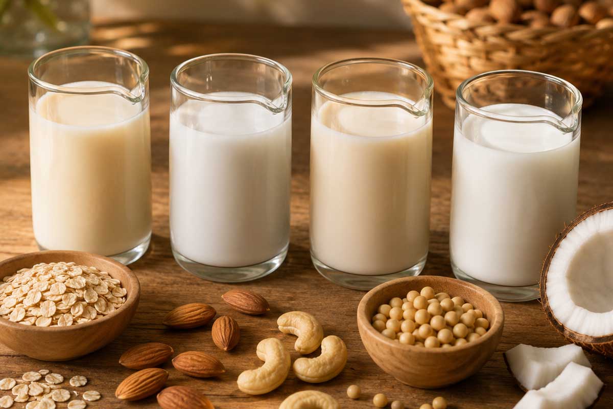 Imágenes de distintos tipos de leches vegetales, así como los granos y frutos desde las que se originan